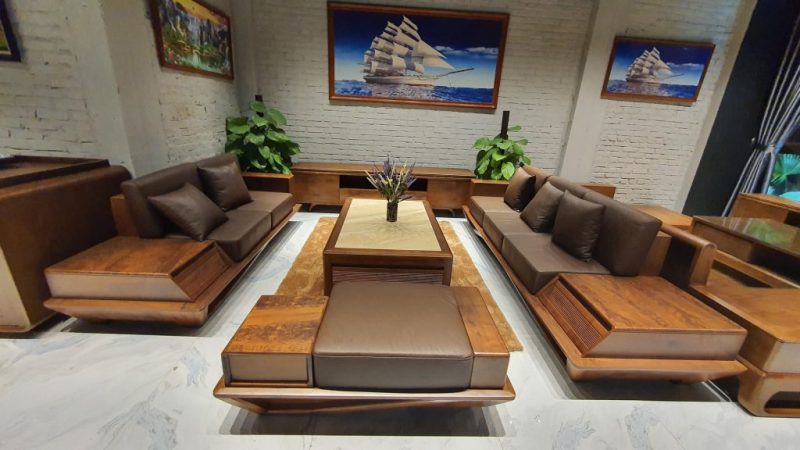 Bộ sofa 2 văng gỗ sồi màu wallut BG89