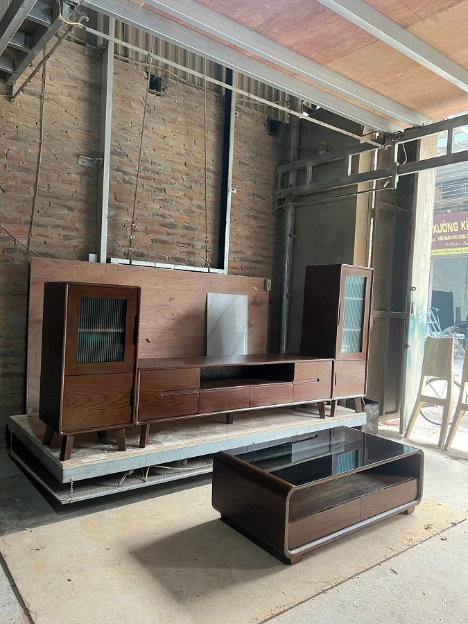 Bộ tủ kệ trang trí 3 món gỗ sồi hiện đại DC33