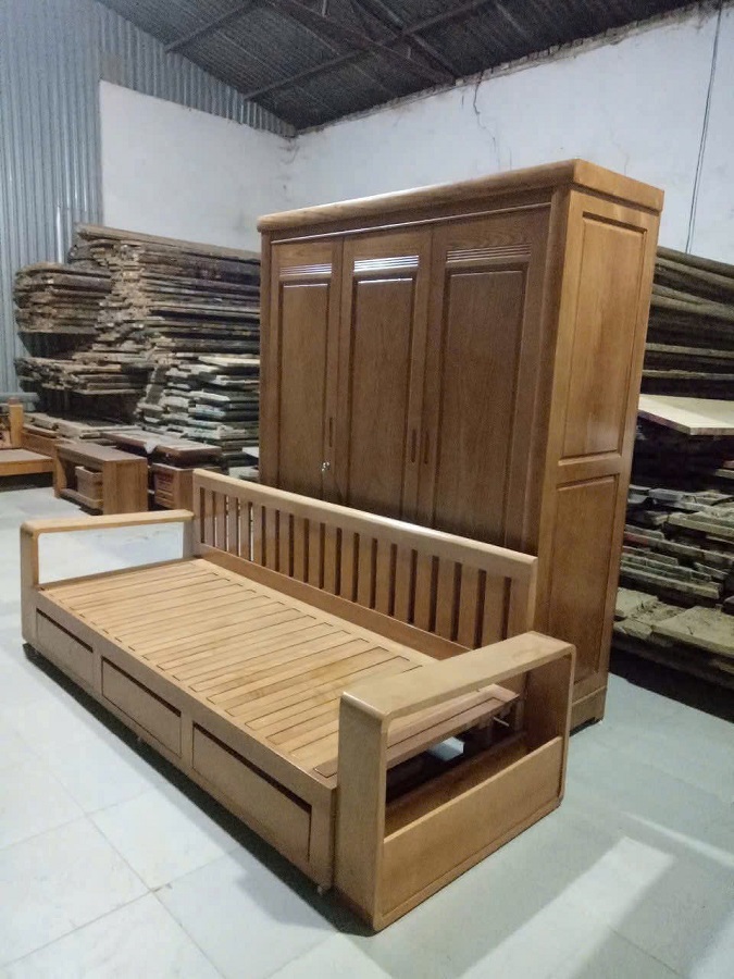Giường rút thành ghế gỗ sồi nga có ô kéo B04